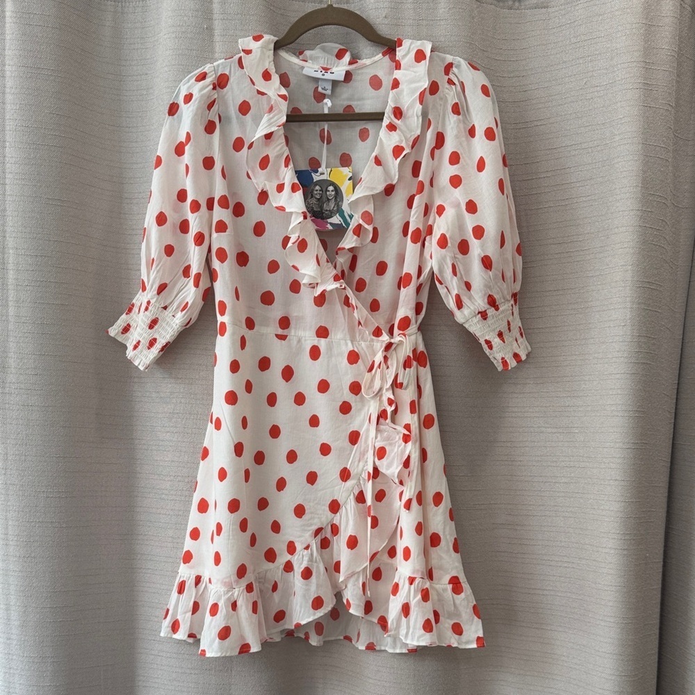 NWT RIXO Red and Cream Polka Dot Wrap Dress Size Small